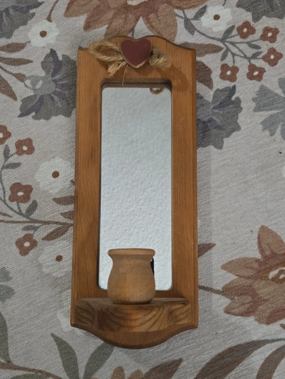 Vintage Wooden Candle Scone With Mirror Heart Shaped Accent CottageCore  Farm